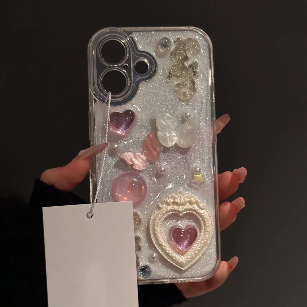 Charming 3D Butterfly Heart Epoxy Phone Case with Luxurious Lens Protection