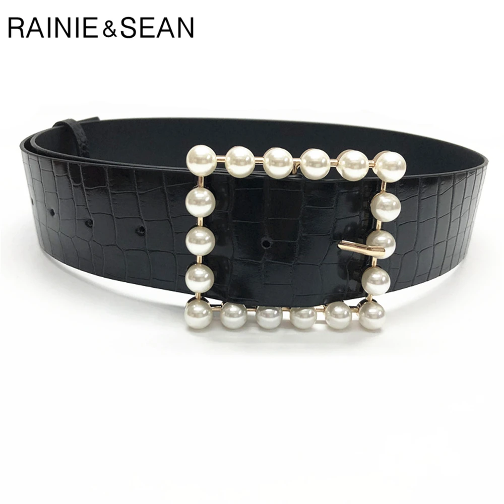 RAINIE SEAN Patent Leather Women Belt Pearl Buckle Red Ladies Waist Belt Fashion Autumn Winter Womens Leather Belts