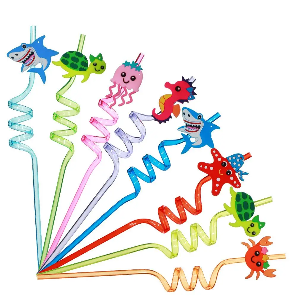 8Pcs Reusable Drinking Straws Cartoon Ocean Biology Plastic Straws Beverages Coffee Wedding Event Party Supplies Kid Toy