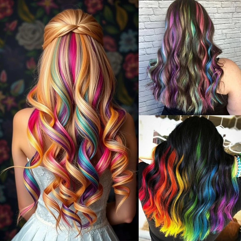 Colorful Hair Extensions Wavy Accessories Party Highlights Clip on Synthetic Rainbow Wigs Children's Favorite Gift (5 pieces )
