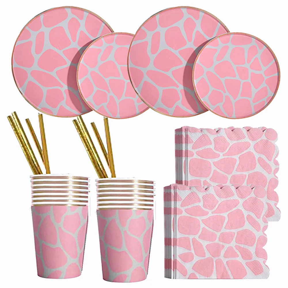 

60Pcs Jungle Safari Themed Party Leopard Zebra Zoo Animal Print Tableware Set Baby Shower Adults Party Outdoo Pink