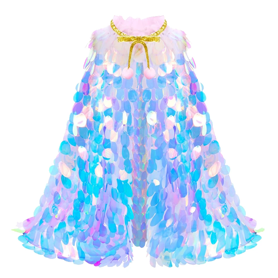 Girls Mermaid Shiny Sequin Cloak Kids Ariel Princess Mantle Dress Glitter Shawl Costume Children Blingbling Cape Accessory