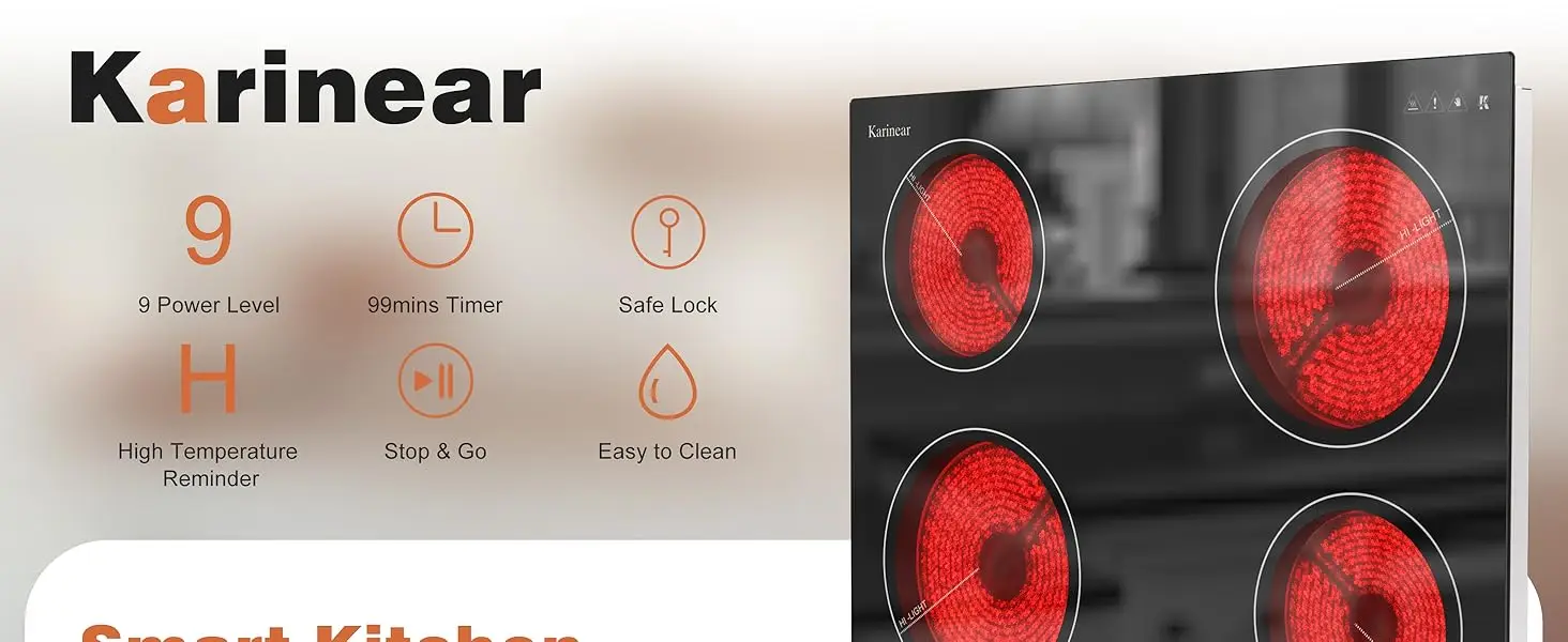 Karinear Keramik-Elektrokochfeld, 4 Zonen, integriert, 60 cm, mit Schieber-Touch-Steuerung, 6000 W, Funktion mit Sicherheitsschloss, kein Stecker, 230 V – Detail 1