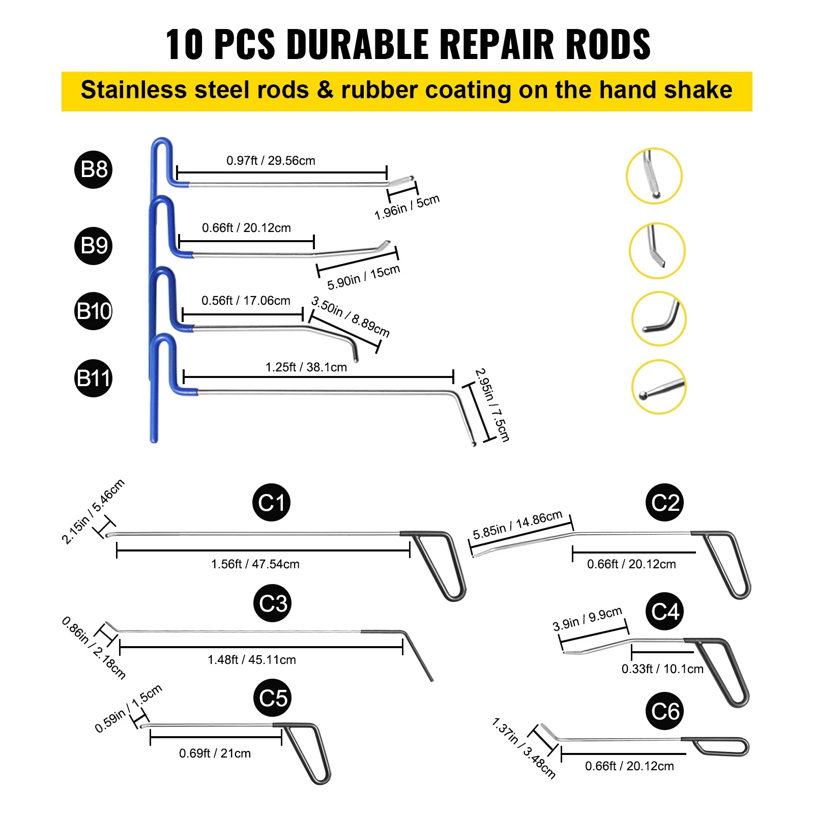 SucceBuy Paintless Dent Removal Rods Stainless Steel Rods Car Dent Repair Kit Glue Puller Kit for Auto Dent Removal Door Dings