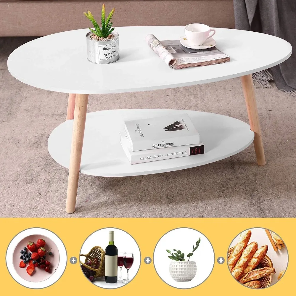 Vabches Coffee Table Oval Wood End Table with 2 Tier Open Storage Shelves White Modern Sofa Side Table for Living Room Furniture 3