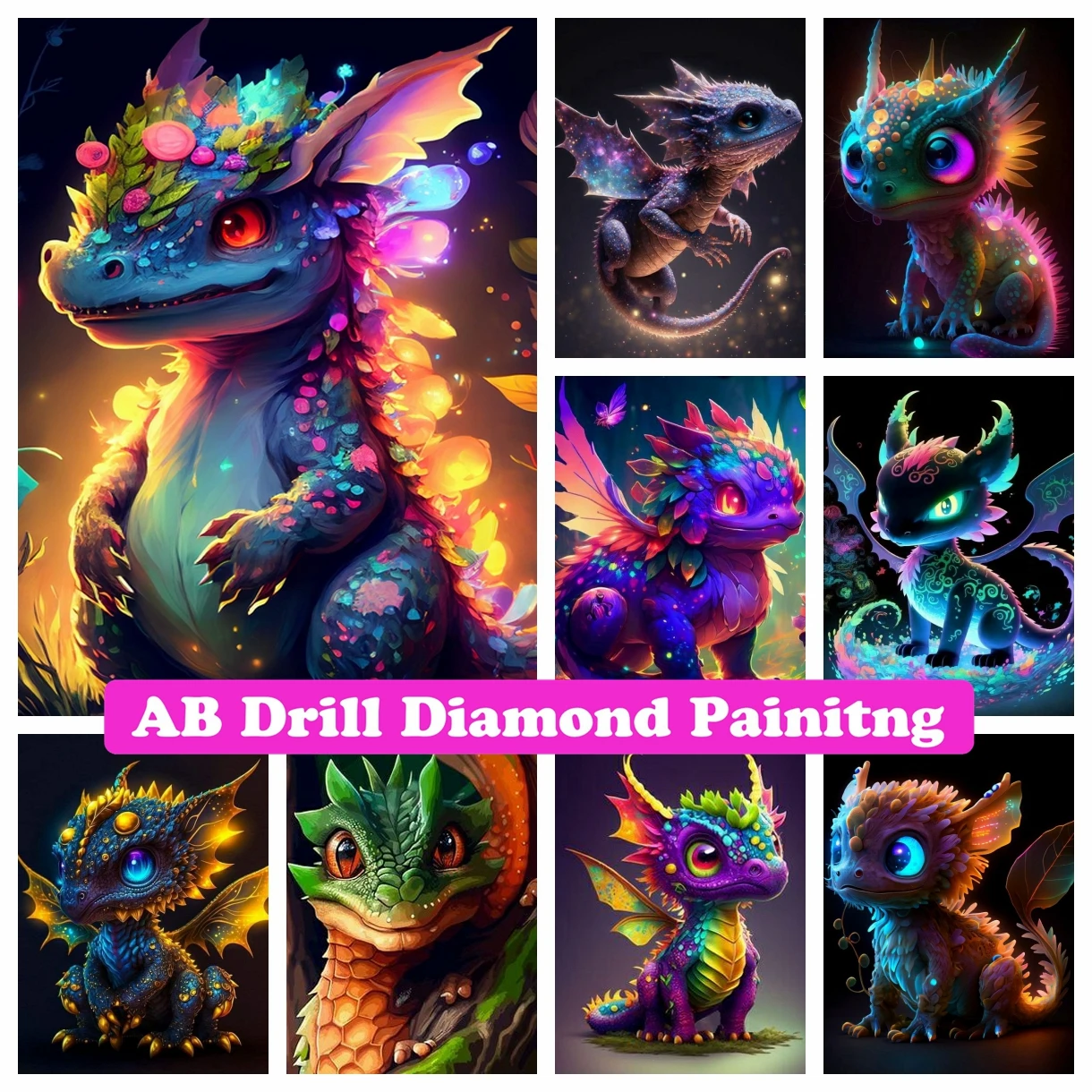 5d Cute Little Dragon Reading Books AB Drills Diamond Painting Art Fantasy  Animals With Flower Mosaic Cross Stitch Wall Decor