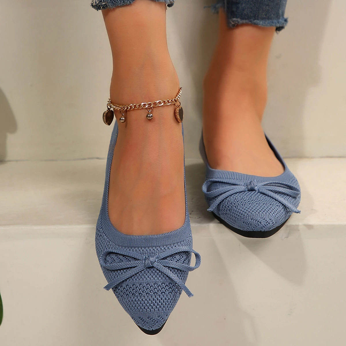 Pointed Bow Flying Flat Shoes Women's 2025 New Summer Casual Bean Shoes Knitted Soft Sole Knitted Women's Shoes Large Size 43