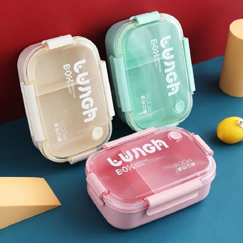 1100ml Wheat Straw Lunch Box Student Lunch Box Sealed/Divided Box with Tableware Can be Microwave Heated lunch box portable food storage box