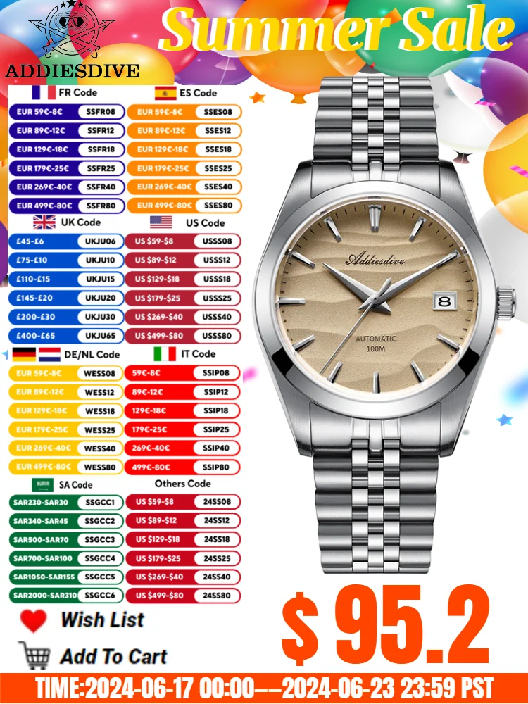 ADDIESDIVE 39mm Men Automatic Watch Desert Dial Sapphire Glass 10Bar Diving NH35A Movement Mechanical Watch Relojes Para Hombres