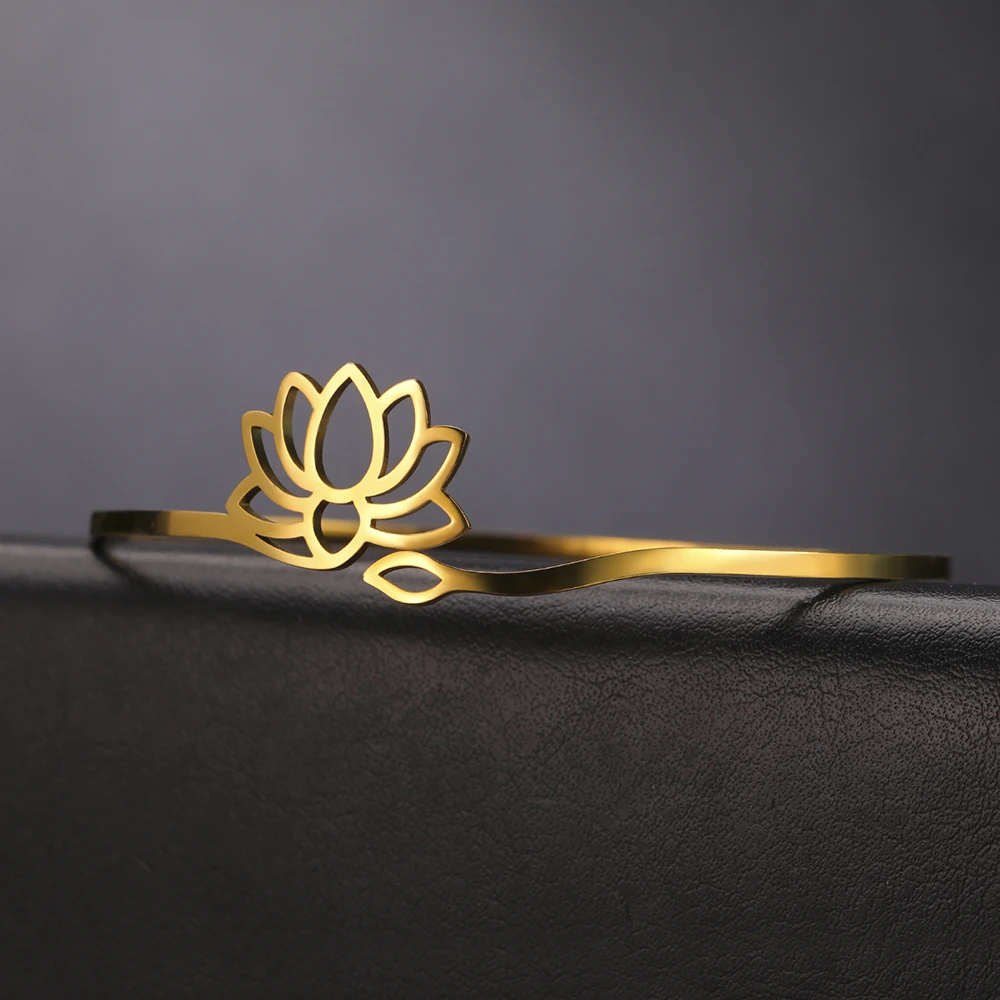 Dawapara Lotusblumen-Armreif für Damen, Edelstahl, verstellbares Manschettenarmband, buddhistisches Symbol, Yoga-Schmuck – Detail 9