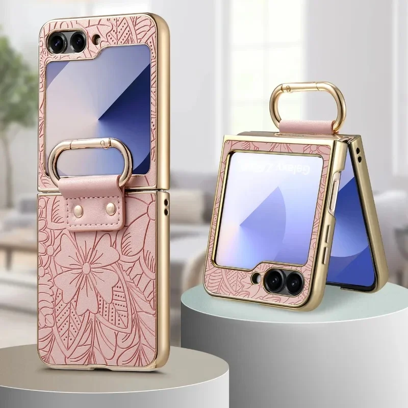 Leather Embossed Flower Phone Case with Ring Buckle and Electroplated Shockproof Design