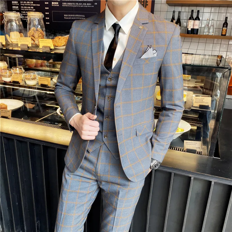 

(Jackets+Vest+Pants) Male Korean Blazers Slim Check British Business Suit Men Three Piece Wedding Bridegroom Man Dress