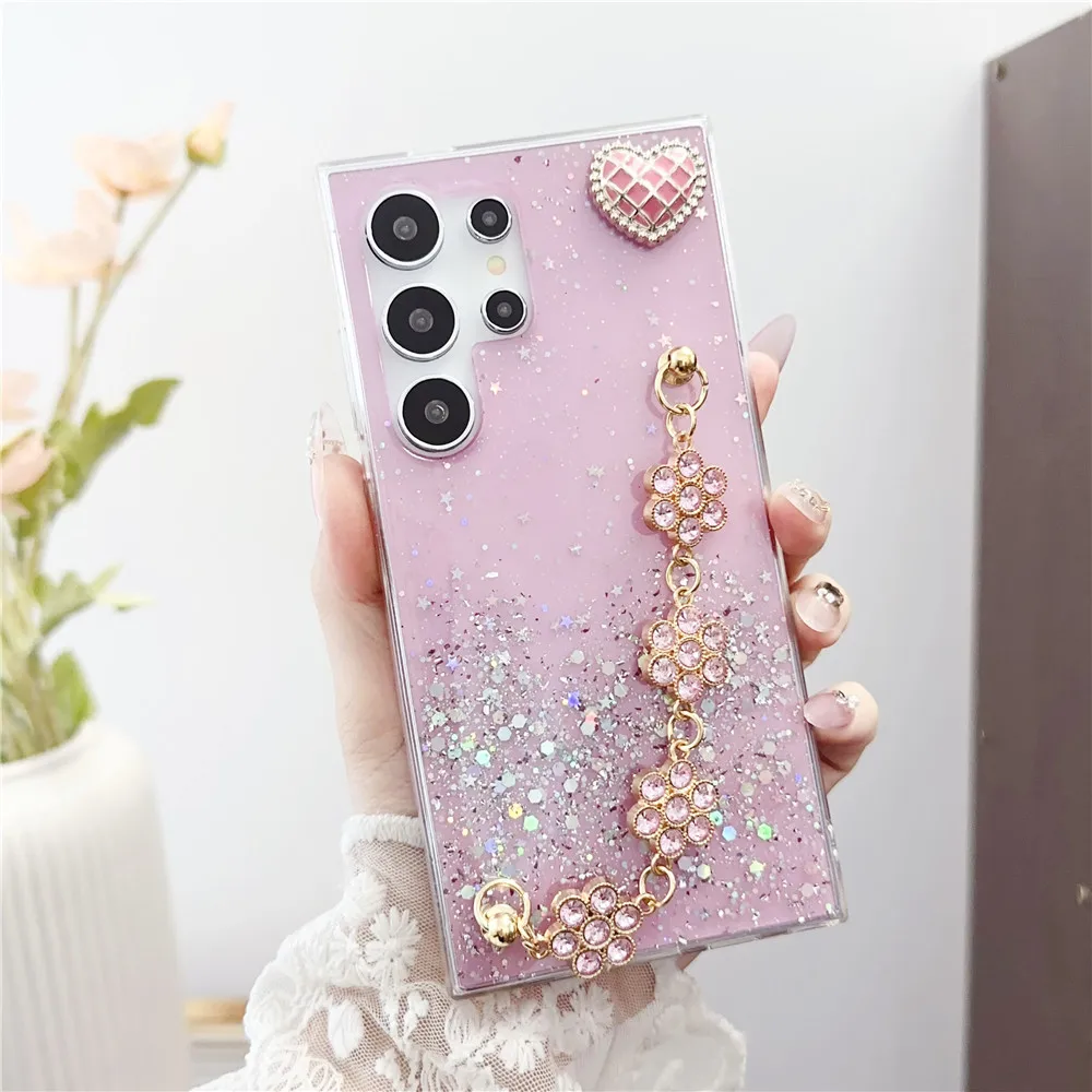 Luxury Sparkle Gem Flower Bracelet Phone Case for Samsung Galaxy S24 S23 S22 S21 S20 FE Ultra Plus Note 20 Ultra 10 Koke Cover