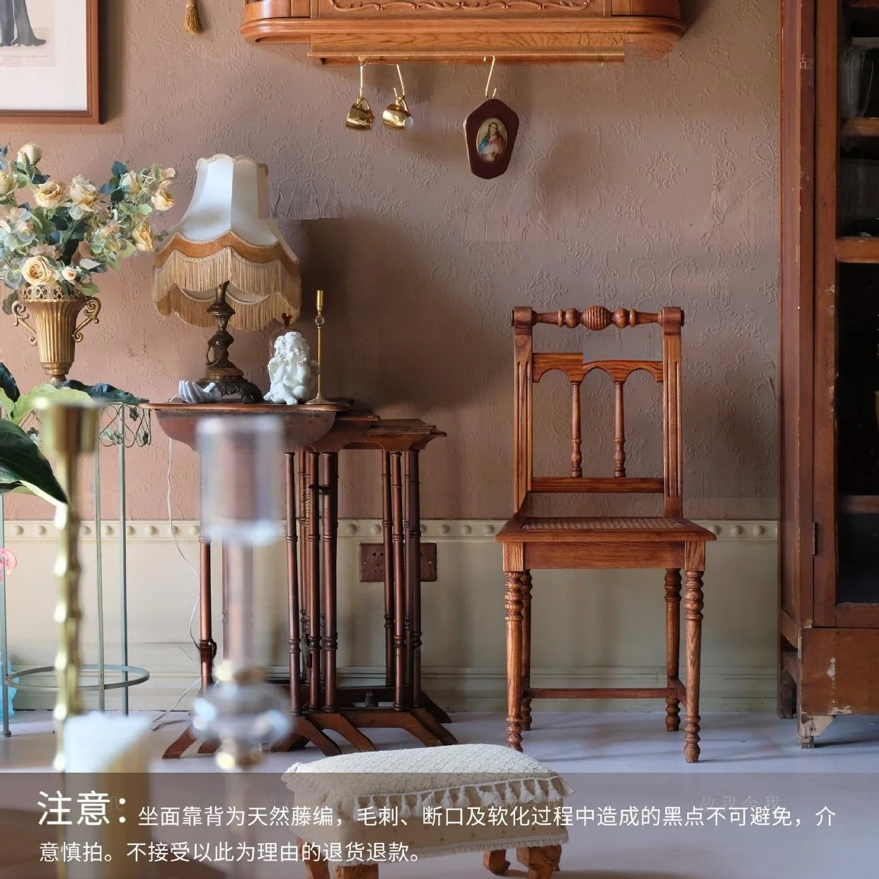 Shenguang series Roman chair retro solid wood chair dining real rattan pure handmade rattan 8