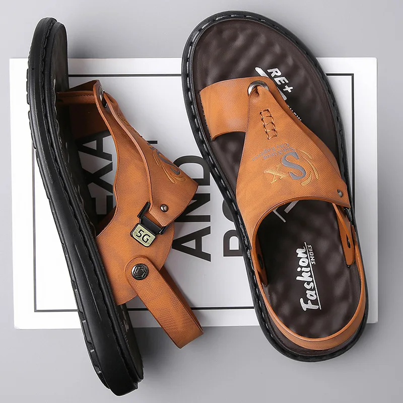 Summer Men's Leather Sandals Breathable Soft Sole Casual Trendy Beach Shoes leather sandals