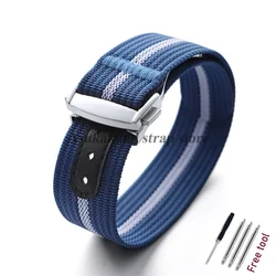 Black Nylon Watch Band with Folding Buckle - 20mm Military Sports Fabric Strap - Black (Blue White)