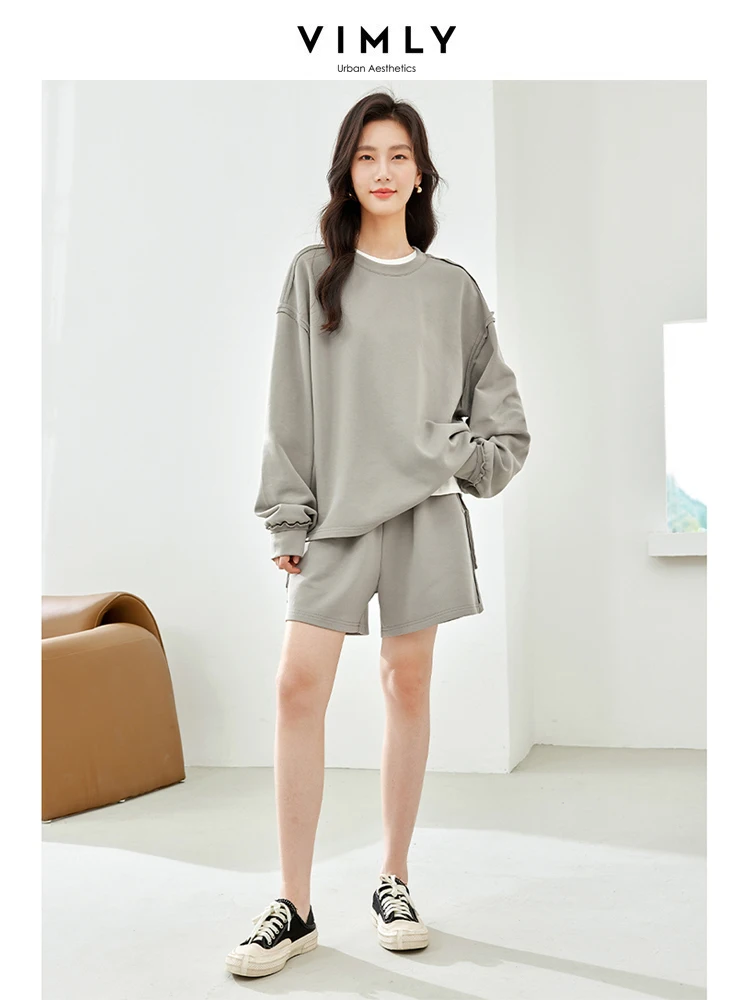 Vimly Casual Oversize Sweatshirt Short Sets 2024 Women's Spring 2 Piece Outfits Long Sleeve Top Short Pants Matching Sets M6269 vimly spring women s suit pant sets 2023 elegant fashion fake two piece striped shirt slim belted blazers jacket outfits v8059