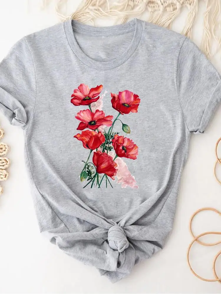 Women Clothing Print Gray T Shirt Short Sleeve Summer Top Plant Flower Trend Fashion Clothes Basic Tee Graphic T-shirt