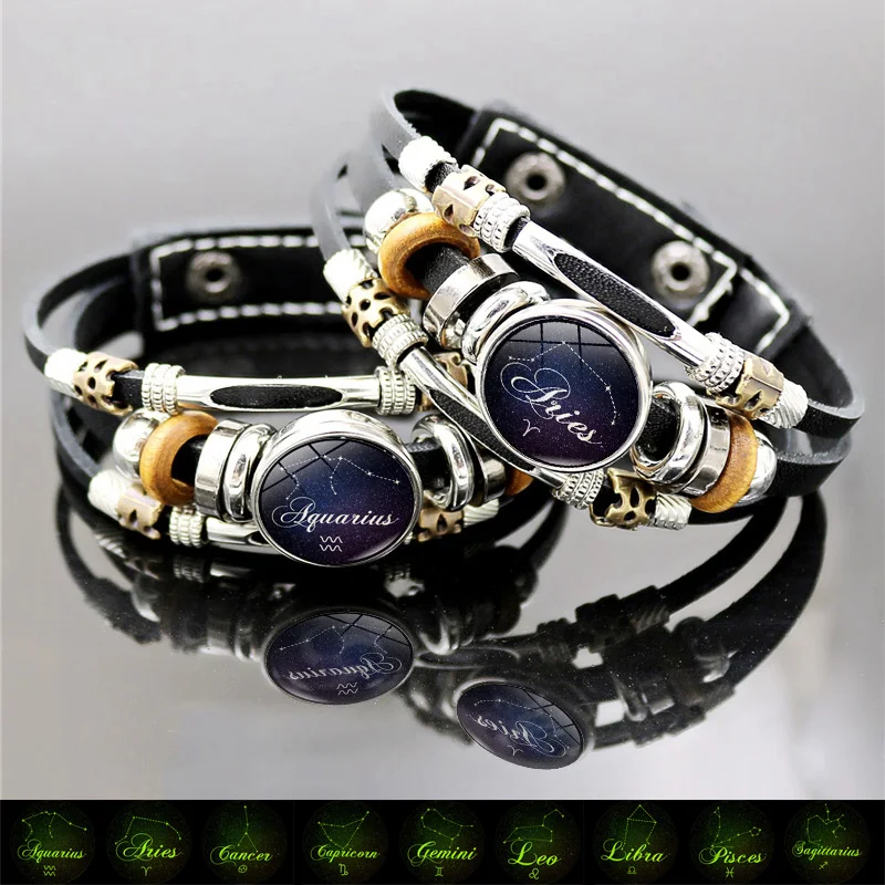 Bracelet En Cuir Tressé Avec Fermeture Magnétique - 21 Cm, Motifs Constellations, Idéal Cadeau Pour Homme