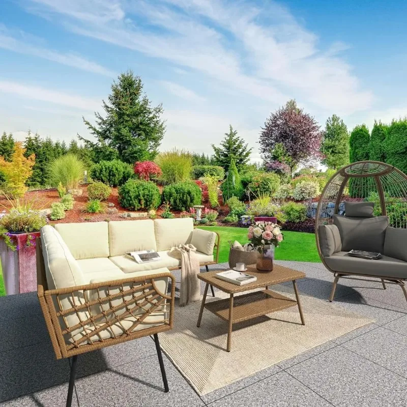 

4 PCS Patio Furniture Set, Outdoor Wicker Conversation Sectional L-Shaped Sofa with 5 Seater for Backyard, Detachable Lounger