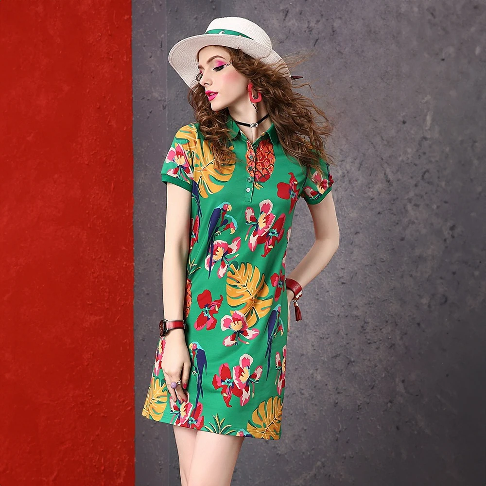 

Summer New Green Women's Pineapple Print dress Polo Collar Slim Skirt