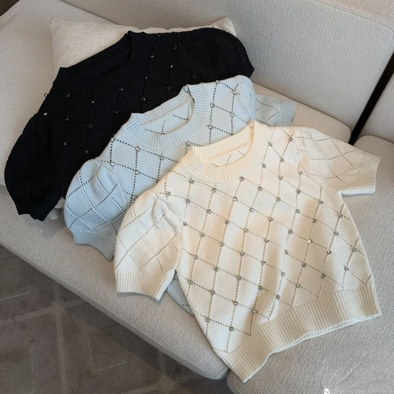 

New Summer Diamond Women Knitting Short Sleeve T-shirt Crew Neck Cropped Tops Y2k Pullover Slim Fit Sexy Women's Clothing