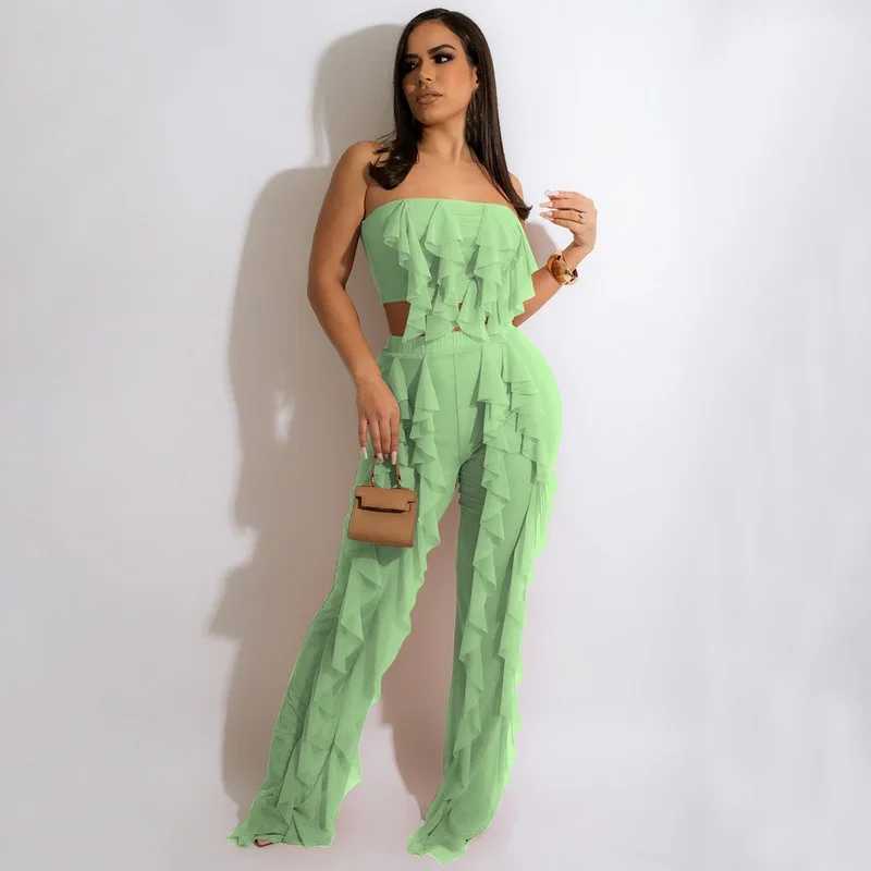 

WUHE Ruffles Summer Beach Two Piece Set Ruffles Strapless Crop Top Sheer Mesh Pants Women Sexy Holiday Suit