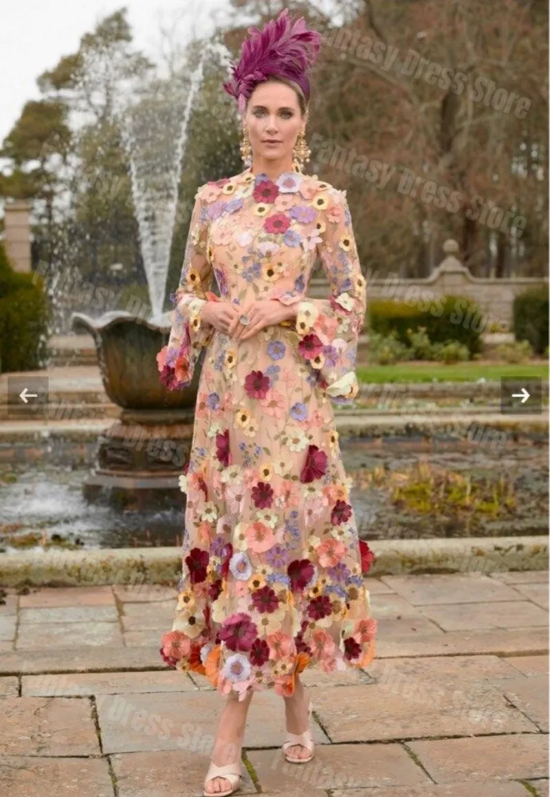 

2023 Elegant High Neck 3D Printed Decal Formal Occasion Evening Dresses Long Sleeve Flower A-line Porm Dresses Custom Made