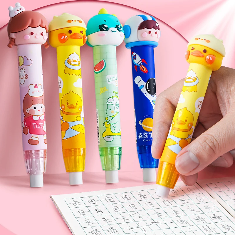 

Pressing Retractable Cartoon Pencil Eraser Pen Type Eraser Cute Replaceable Rubber Core Correction Supplies Writing Stationery