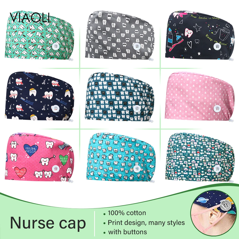

Cartoon Print Scrub Cap Nurse Hat Pet Hospital Veterinary Hat Skull Cap Pure Cotton Lab Dustproof Hat Pharmacy Medical Work Caps