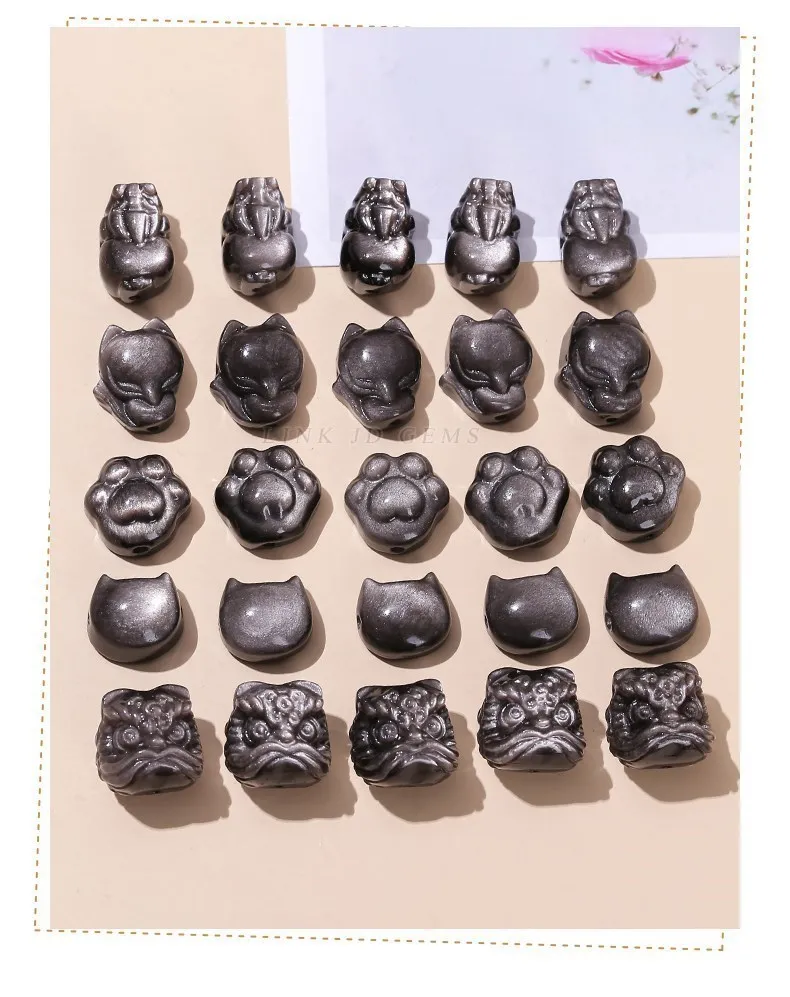 1 Pc Natural Stone Gold Silver Obsidian Carved Bead Cat Paw Pixiu Animals Cute Bead With Hole For Jewelry Making Diy Necklace