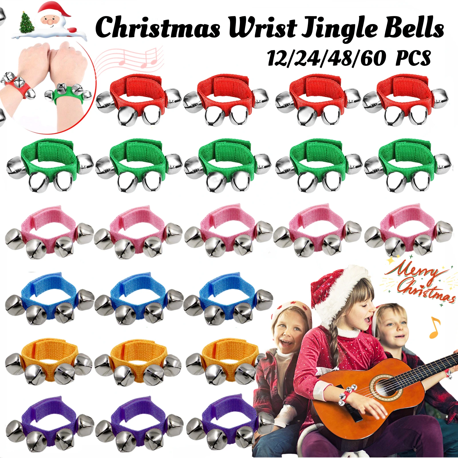 12-60Pcs Christmas Wristbands Jingle Bells Bracelets Wrist Band Shaking Bells Xmas Hand Bells School Music Santa Party Favors