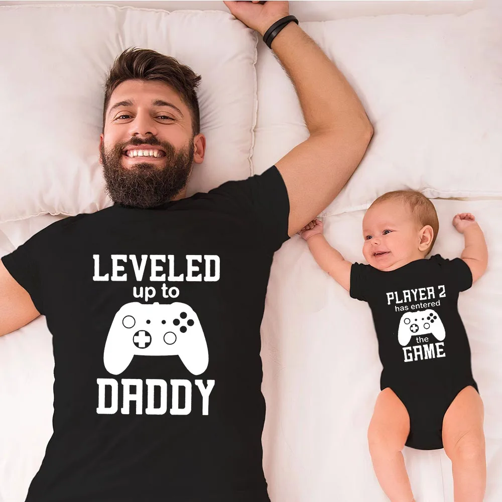 Baby Romper Pregnancy Announcement Gift Player 2 Enter Game Leveled Up To Dad T Shirts Daddy and Son Matching Family Funny Tee 2