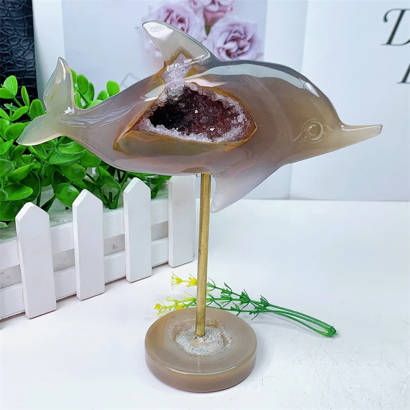 

Natural Druzy Agate Geode Dolphin Gemstone Room Decoration Healing Crystal Animal Figurine Reiki Carved Stones Gift 1PCS