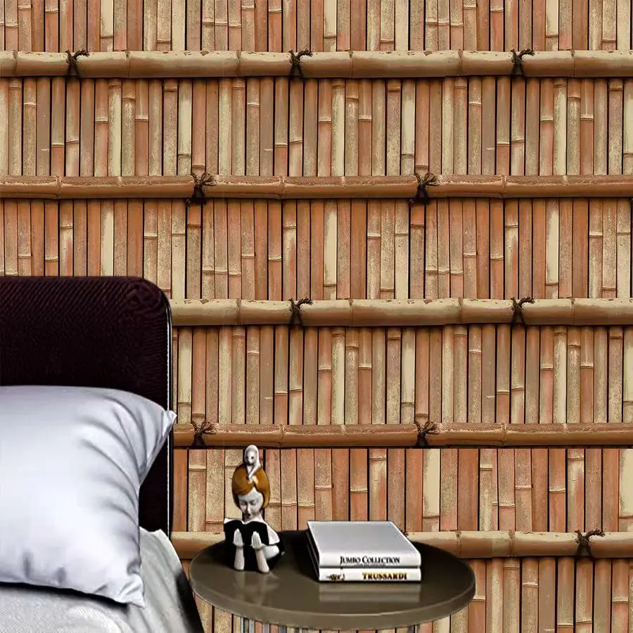 วอลเปเปอร์ติดผนังลายไม้ไผ่สไตล์เรโทร PVC สำหรับห้องน้ำชา ลายไม้ไผ่สาน ตกแต่งผนัง สติ๊กเกอร์ติดผนัง 1