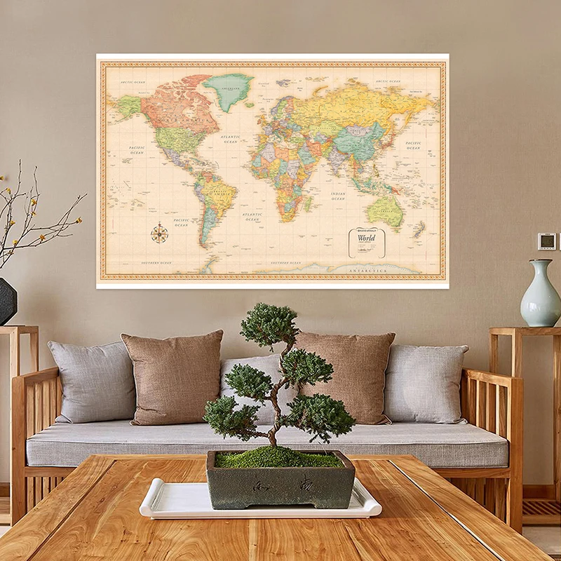 150*90cm The World Political Map Classic Vintage Non-woven Canvas Painting Wall Art Poster for Home Decor School Supplies