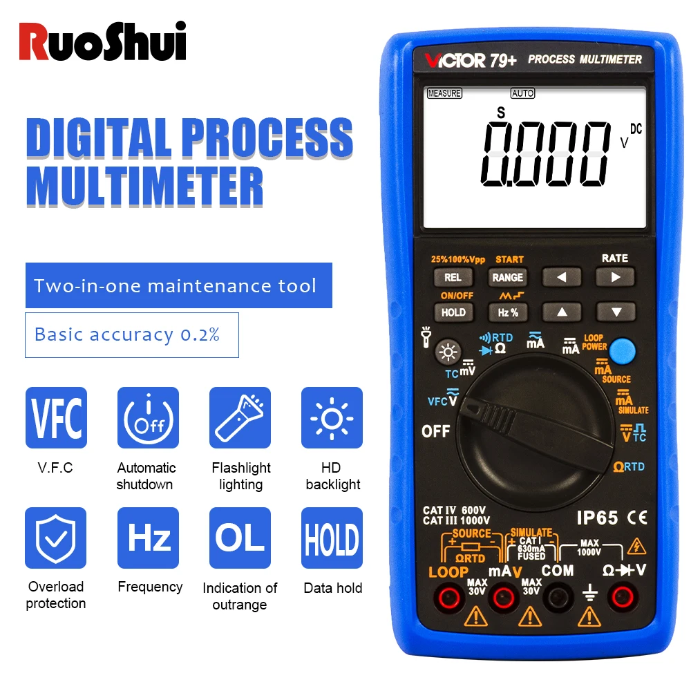 

Victor 79+ Process Multimeter Thermocouple Frequency 24V Loop RTD VFC Resistance Simulate DC AC Voltage Current Digital Tester