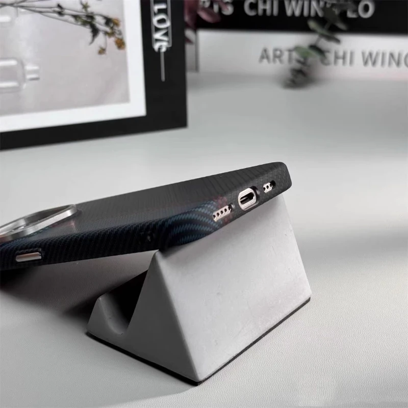 Abstract Carbon Fibre MagSafe Case with Alloy Lens Bumper and Wireless Charging Capability