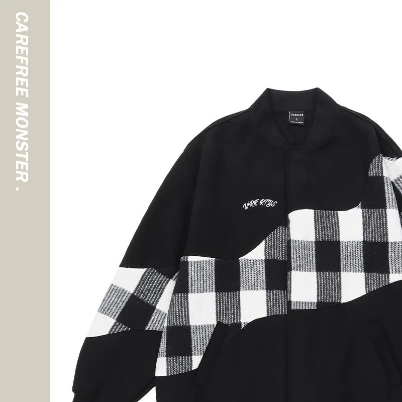 American Retro Plaid Stitching Baseball Jacket Women's Men's Spring and Autumn New Fashion Brand Couple Jacket parkas