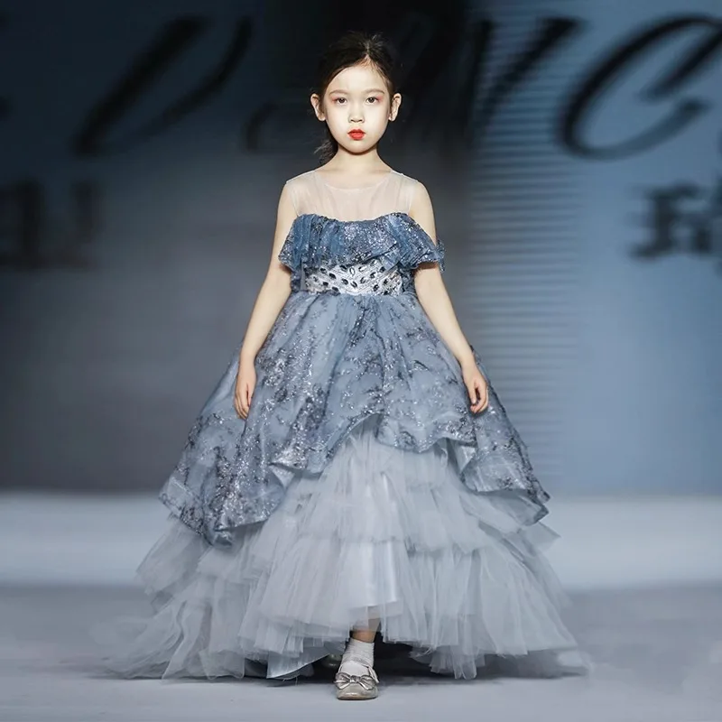 

2024 Sleeveless Sequins Children Girls Dress Performance Costumes Tulle Tailling Formal Occasions Dresses Birthday Party Gown