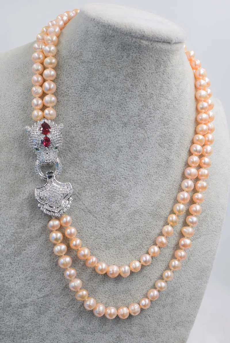

Handmade natural 2 row 8-9mm freshwater white pink pearl necklace micro inlay zircon leopard head accessories clasp 17-19inch