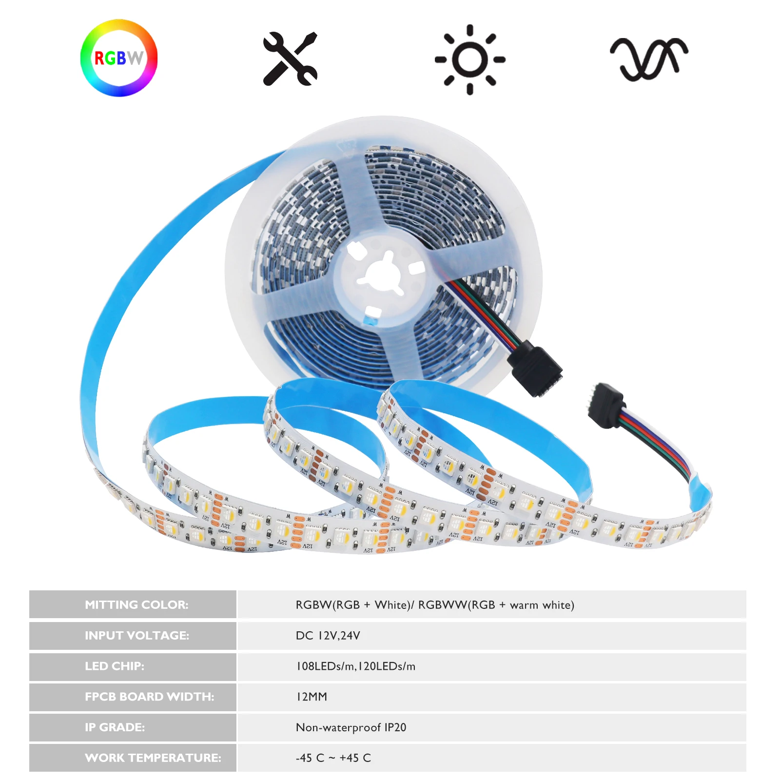 DC 12V 24V RGBW/RGBWW LED 스트립 라이트 4-in-1 칩 SMD 5050 108 120LEDs/M 유연한 로프 테이프 거실 침실 홈 데코용