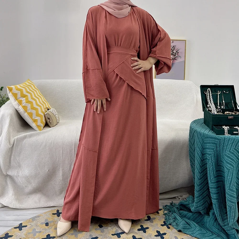 

Open Abaya 3 Piece Set Women Matching Muslim Outfit Dubai Wrinkle Kimono Islamic Hijab Dress with Wrap Skirt Ensembles Musulmans