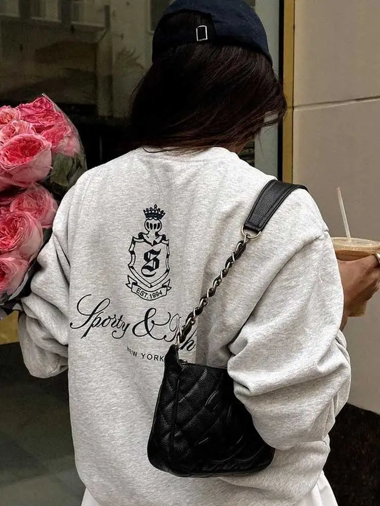 gray Sweatshirt women cotton crew neck long sleeve relaxed fit autumn winter sweatshirt female winter clothes women