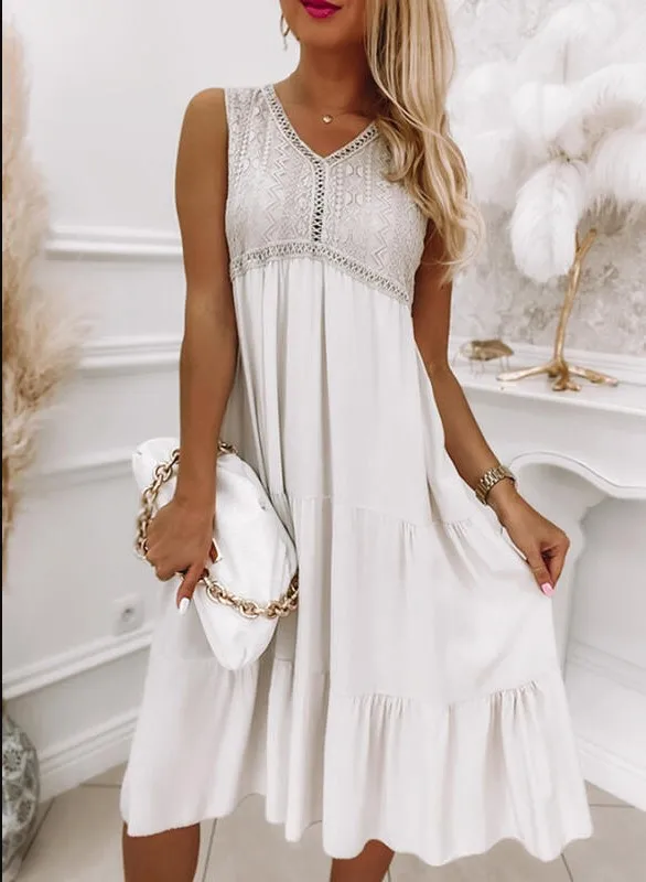 

Summer Elegant Vintage Solid Lace Dress V-neck Loose Hollow Out Pattern Embroidery Vestidos Women Beach Sexy long Dresses