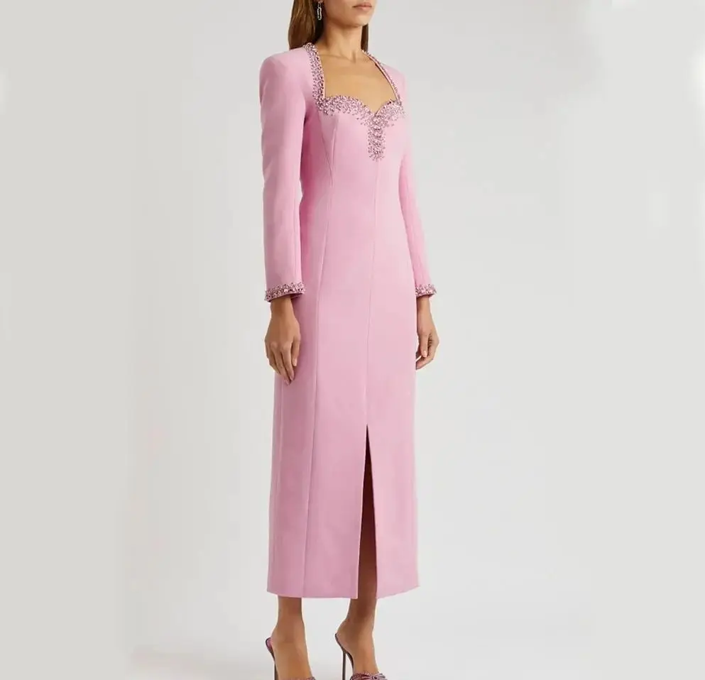 

Pink Prom Dress Full Sleeves With Ankle Length Satin Evening Dress Mermaid Saudi Arabia Women Wedding Party Formal Gowns 2024