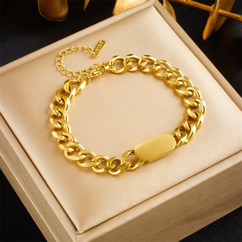 ANENJERY 316L Stainless Thick Chain Smooth Rectangle Bracelet For Women Men Simple Hip Pop Bracelet Jewelry Accssory