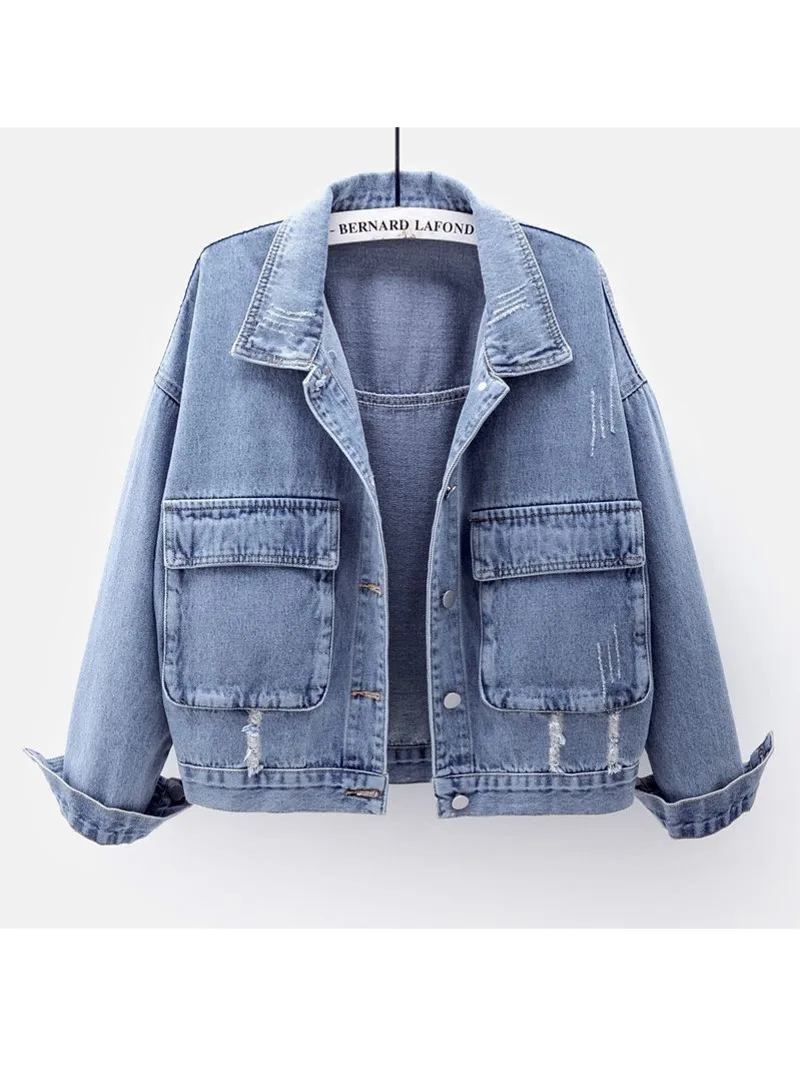 

Harajuku Denim Short Jacket Women Clothes 2022 Spring Autumn Vintage Big Pocket Solid Student Loose Jeans Coat Female Tide