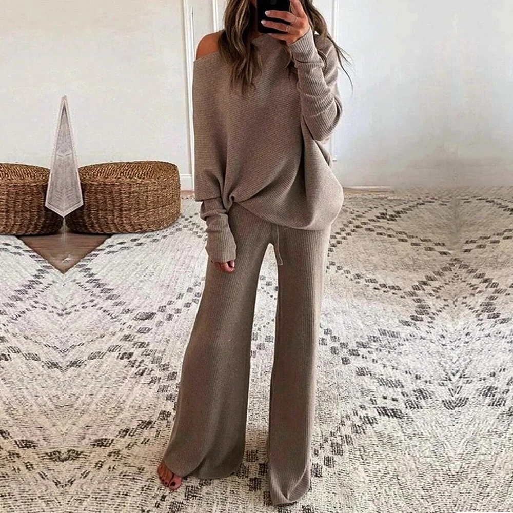 plus size sweat suits Women Elegant Solid O Neck 2-Piece Set Spring Full Sleeve Pullover Top Wide Leg Pants Set Two Piece Set Woman clothes Party Suit sexy pant suit