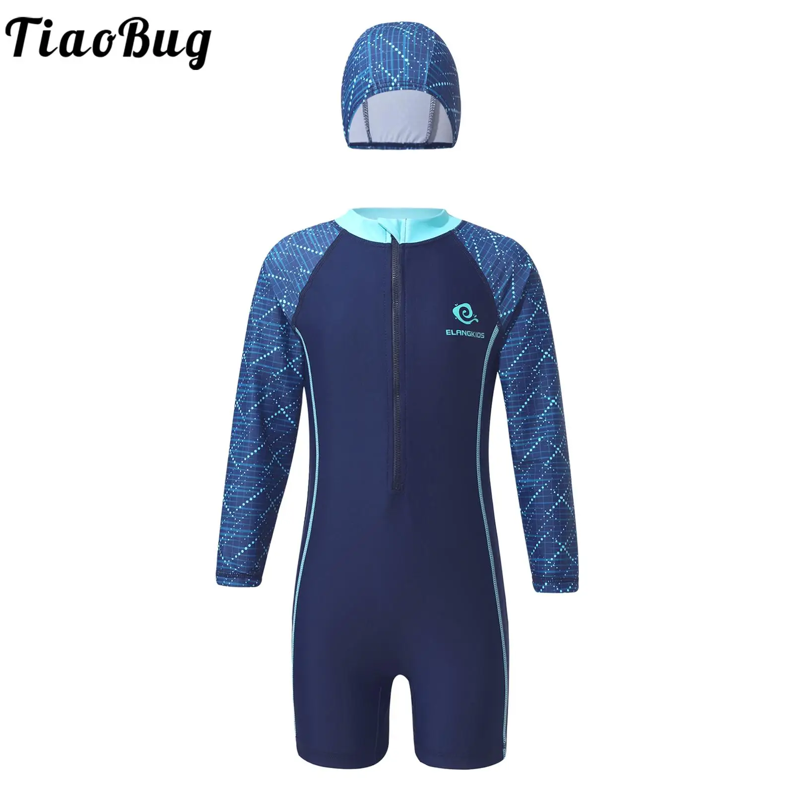 

Kids One Piece Swimsuit Girls Boys Rash Guard Long Sleeve Jumpsuit Surfing Bathing Suit Pool Beach Athletic Swimwear with A Hat